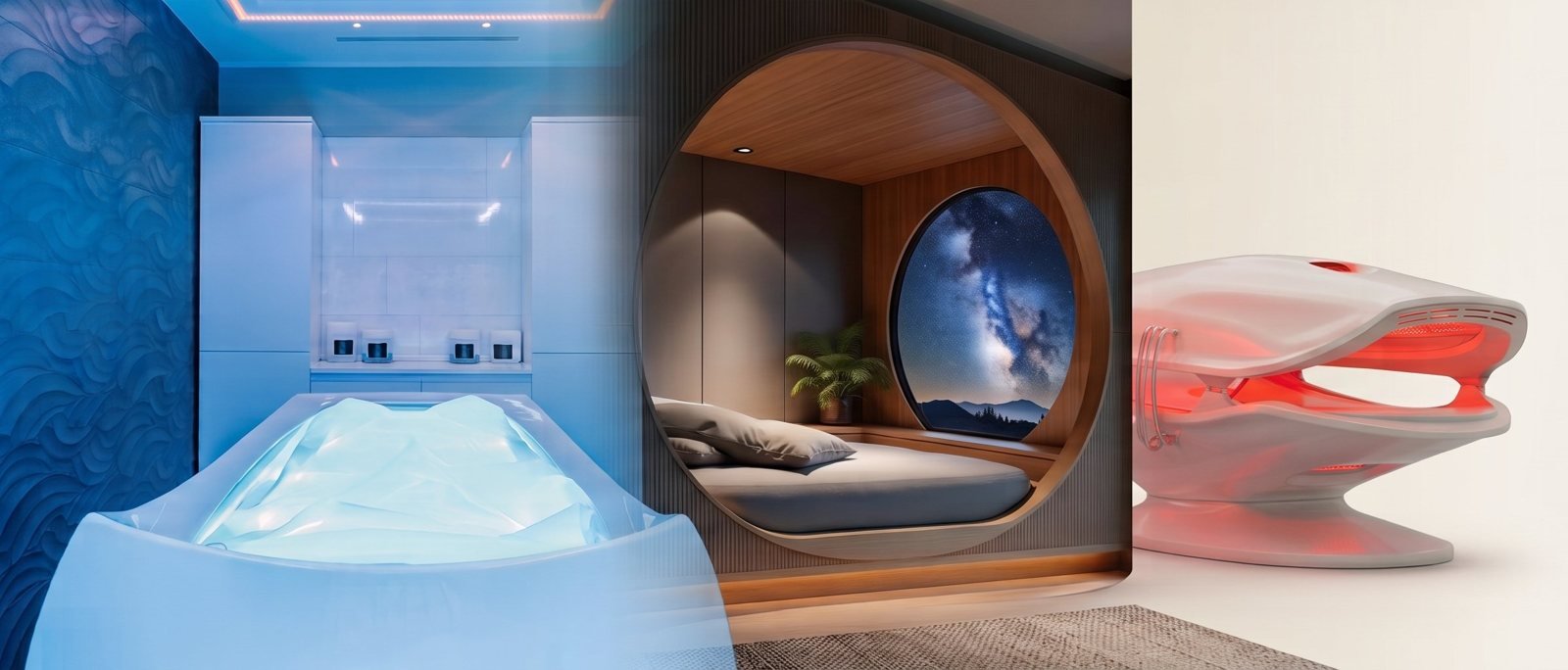 K-Float dry float, Kokoon nervous system pod and Cell-Stack red light bed